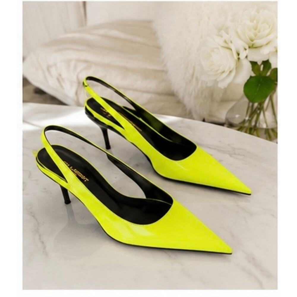 Saint Laurent Paloma Slingback Pumps Neon Yellow Patent Leather EU39 NIB - Picture 6 of 12